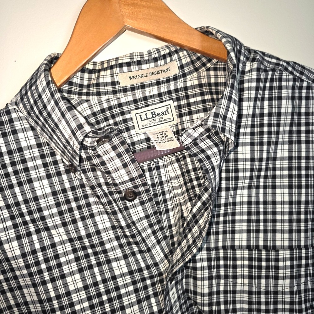L.L.‎ Bean Men's L Black White Plaid Button Down Shirt Wrinkle Resistant Cotton
